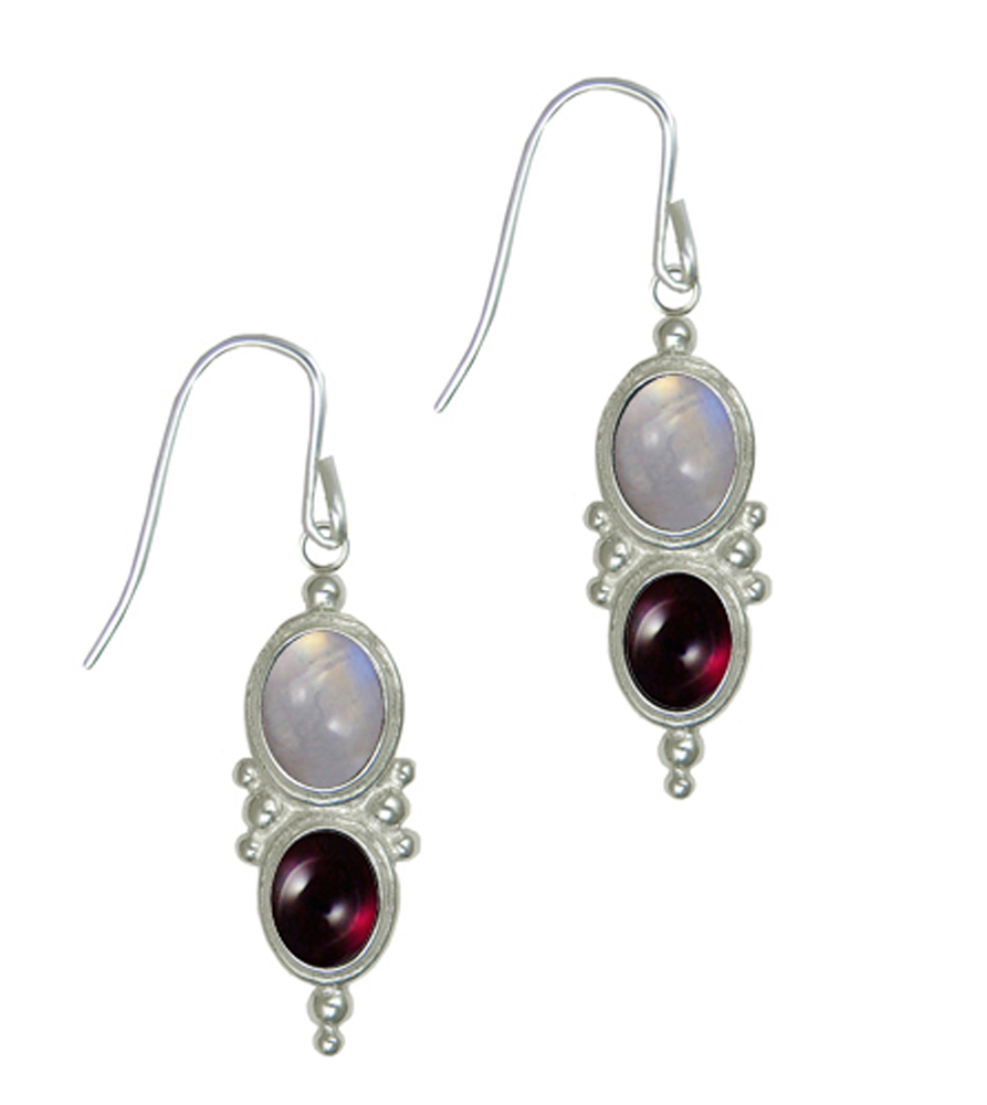 Sterling Silver Drop Dangle Earrings With Rainbow Moonstone And Garnet